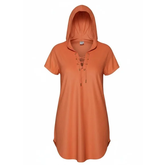 Time and Tru Orange Hooded Lace-Up Swim Coverup M - Picture 2 of 13